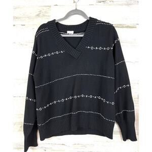 ECRU Womens L Black White XO Stitch Knit V Neck Pullover Cozy Casual Sweater NEW